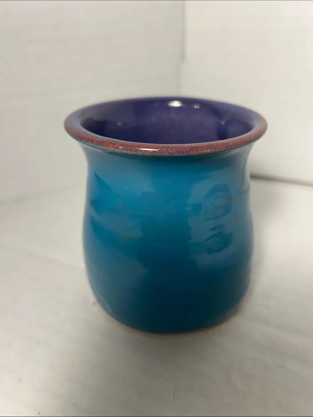 Hand-Painted Blue Ceramic Fish Cup - Yellow Fish Design 3 1/2 inch tall Signed